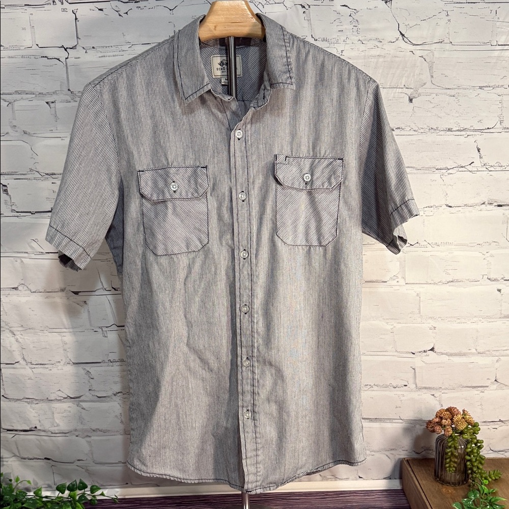 Ecko Unlimited Men's Gray Button Down Shirt‎ White Grey Micro Stripe